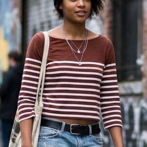 BDG Striped Boatneck Crop Top Brown White Long Sleeve Size S Y2K Casual
